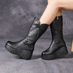 Socofy Top Grain Leather Winter Retro Floral Chunky Sole Mid Boots