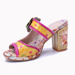 Socofy Summer Handmade Leather Floral High Heel Sandals