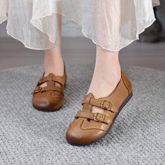 Socofy Vicconfy 2025 Summer Retro Leather Breathable Comfortable Soft Sole Casual Women's Flat Shoes