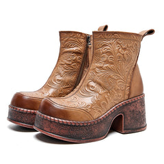 Socofy Vintage Leather Printed High Heel Short Boots