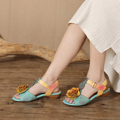 Socofy Vintage Handmade Leather Floral Cutout Peep Toe Low Heel Sandals