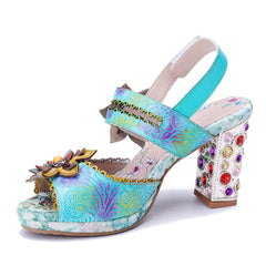 Socofy Summer Handmade Leather Baroque High Heel Sandals