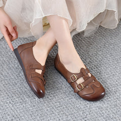 Socofy Vicconfy 2025 Summer Retro Leather Breathable Comfortable Soft Sole Casual Women's Flat Shoes