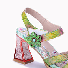 Socofy Summer Handmade Leather Vintage Flower High Heel Sandals