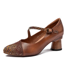 Socofy Handcrafted Retro Leather Pointed Toe Mid Heel Shoes