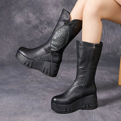 Socofy Top Grain Leather Winter Retro Floral Chunky Sole Mid Boots