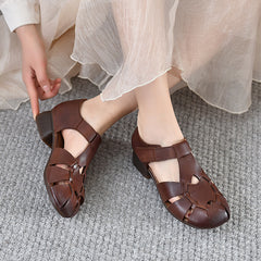 Socofy Vicconfy 2025 Summer Genuine Leather Middle Heel Soft Sole Comfortable Hollow Out Casual Vintage Roman Sandals
