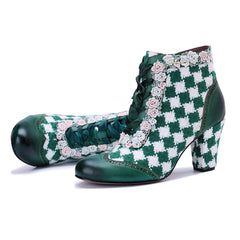 Socofy Retro Grace Handwoven Leather High Heel Boots