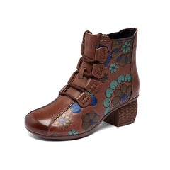 Socofy Top Grain Leather Chunky Heel Short Boots