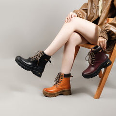 Socofy Retro Leather Thick Sole Mid Heel Martin Boots
