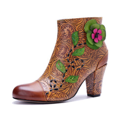 Socofy Handmade Leather Retro Print Side Zip Chunky Heel Boots