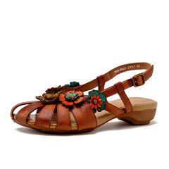 Socofy Handmade Leather Floral Closed Toe Low Heel Sandals