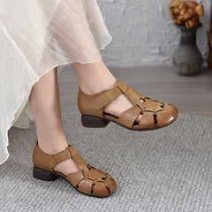 Socofy Vicconfy 2025 Summer Genuine Leather Middle Heel Soft Sole Comfortable Hollow Out Casual Vintage Roman Sandals