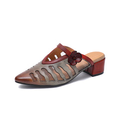 Socofy Vintage Handmade Leather Floral Cutout Pointed Toe Mid Heel Slipper