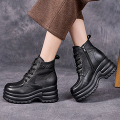 Socofy Top Grain Leather Retro Platform Short Boots