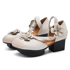 Socofy Handmade Retro Leather Pointed Toe Chunky Heel Sandals