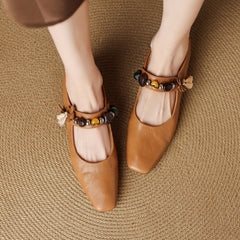 Socofy Fall New Square Toe Sheepskin Mid Heel Flats