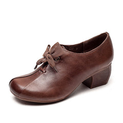 Socofy Top Grain Leather Lace Mid Heel Shoes