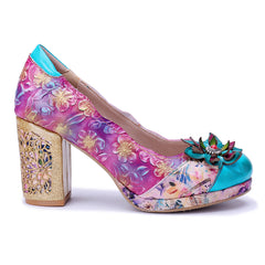 Socofy Handmade Leather Vintage Floral High Heels