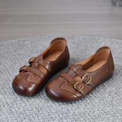 Socofy Vicconfy 2025 Summer Retro Leather Breathable Comfortable Soft Sole Casual Women's Flat Shoes