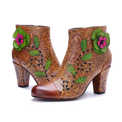Socofy Handmade Leather Retro Print Side Zip Chunky Heel Boots