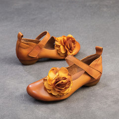 Socofy Vintage Top Grain Leather Flower Flats