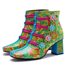 Socofy Handmade Leather Retro Floral Chunky Heel Boots