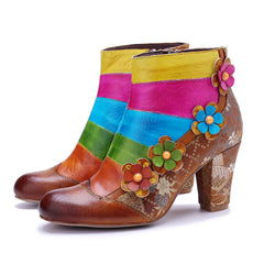 Socofy Handmade Leather Floral Side Zipper Short Boots