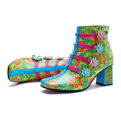 Socofy Handmade Leather Retro Floral Chunky Heel Boots
