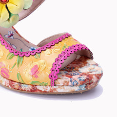 Socofy Summer Handmade Leather Floral High Heel Sandals