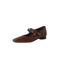 Socofy Fall New Square Toe Sheepskin Mid Heel Flats