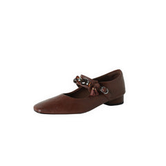 Socofy Fall New Square Toe Sheepskin Mid Heel Flats