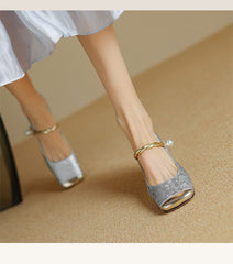 Socofy Square Toe Open Back Mid Heel Shoes