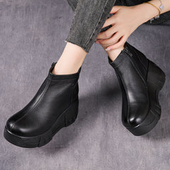 Socofy Top Grain Leather Retro Platform Short Boots