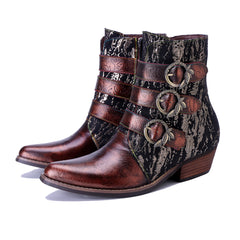 Socofy Handmade Leather Vintage Denim Side Zipper Boots