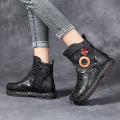 Socofy Vintage Leather Flat Cotton Boots