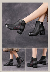 Socofy Full Grain Leather Mid Heel Short Boots