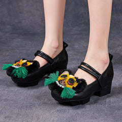 Socofy Retro Ethnic Top Grain Cowhide Chunky Heel Shoes