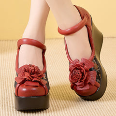 Socofy Handmade Leather Vintage Flower Platform Sandals