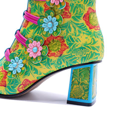 Socofy Handmade Leather Retro Floral Chunky Heel Boots