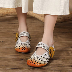 Socofy Handmade Round Toe Cutout Low Shoes