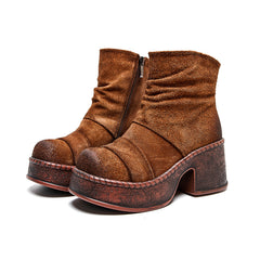 Socofy Retro Cowhide Chunky Heel Short Boots