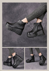 Socofy Top Grain Leather Retro Platform Short Boots