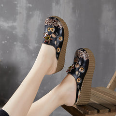 Socofy Handmade Ethnic Style Leather Floral Platform Slippers