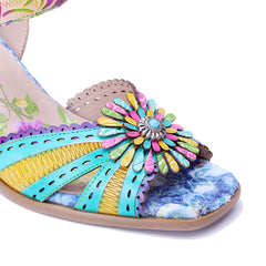 Socofy Handmade Leather Baroque Flower High Heel Sandals