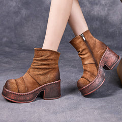 Socofy Retro Cowhide Chunky Heel Short Boots