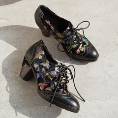 Socofy British Style Butterfly Print Heels