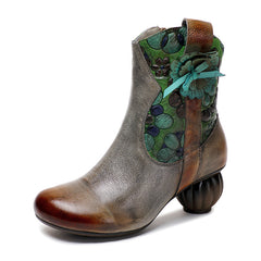 Socofy Handcrafted Leather Retro National Style Floral Mid Calf Boots