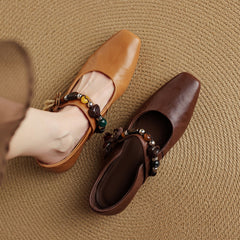 Socofy Fall New Square Toe Sheepskin Mid Heel Flats