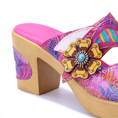 Socofy Retro Handmade Leather Flower High Heel Slippers